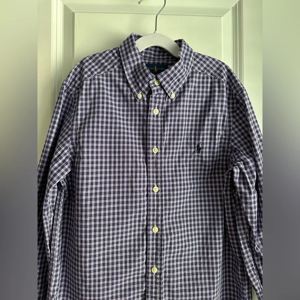 Ralph Lauren Boys Purple Blue Plaid Cotton Button Down Shirt Size M/10-12